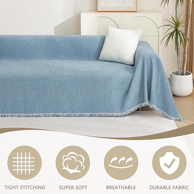 MYSKY HOME Chenille Couch Cover, Sofa Slipcover for 1-2 Cushion Sectional Couch, Machine Washable Soft Furniture Protector with Tassels, Futon Sofa Covers, Throw for Dogs, Kids, 71" x 102", Blue