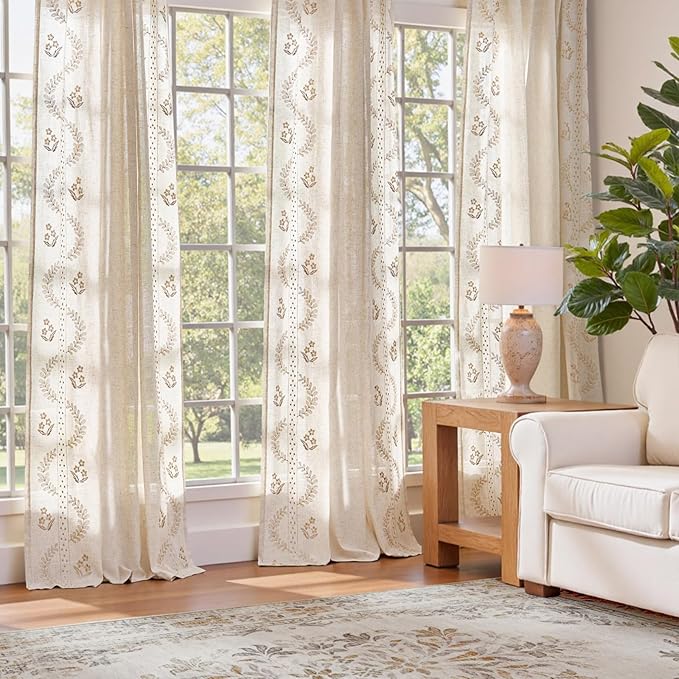 jinchan Belrose Linen Curtains for Bedroom Floral Curtains 90 Inch Length Linen Blend Beige Embroidered Drapes Farmhouse Flower Patterned Drapes for Living Room Window Treatments Set 2 Panels