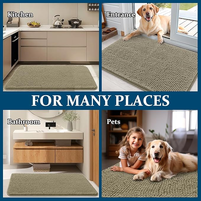 OLANLY Dog Door Mat for Muddy Paws 47x17, Absorbs Moisture and Dirt, Absorbent Non-Slip Washable Doormat, Quick Dry Chenille Mud Mat, Entry Indoor Entryway Carpet for Inside Floor, Warm Taupe