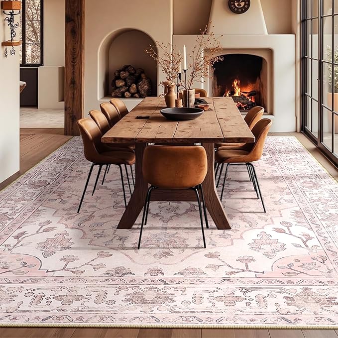 Area Rugs 10'x12' Washable Non-Slip, Floral Vintage Distress Print Pattern Medallion Carpet for Living Room Bedroom Dining Room, Pink Greypink Cute