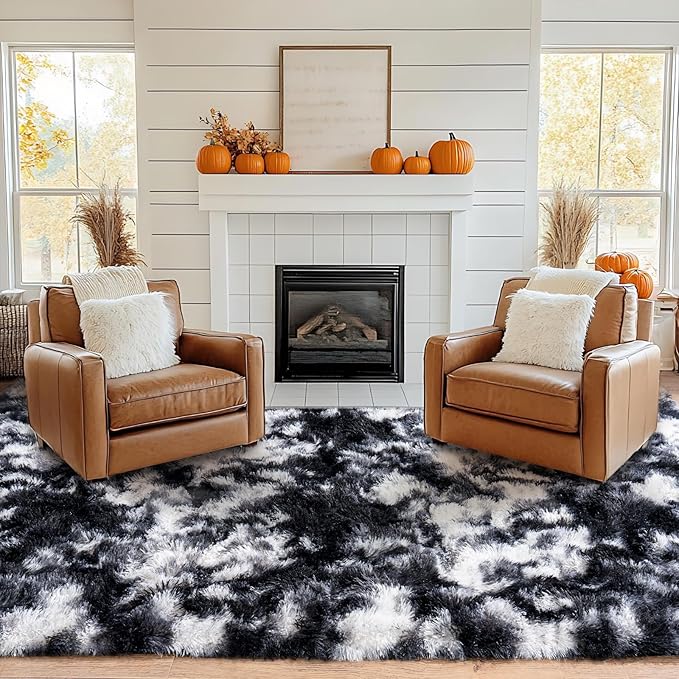 Pionblank Large Area Rug for Living Room 10x14, Fuzzy Modern Shag Rug, Fluffy Plush Non Slip Soft Furry Carpet for Bedroom Kids Room Nursery Teens Dorm Home Decor, Black White