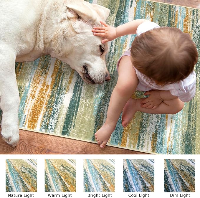 Lansny Modern Abstract Runner Rug 2.6x18, Green Mustard Multi Washable Long Kitchen Runner Non-Slip Soft Hallway Rug Runner Thin Print Faux Wool Carpet for Entryway Bedroom Laundry Room Indoor