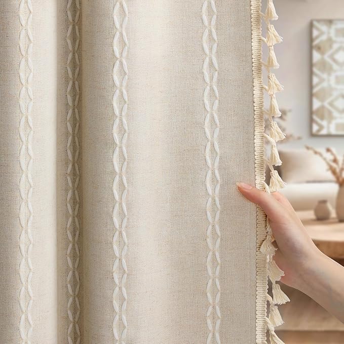Boho Blackout Curtains 96 Inches Long Beige Linen Blend 2 Panels with Tassels and Cotton Embroidery, Farmhouse Vintage Rustic Rod Pocket Drapes for Living Room or Bedroom