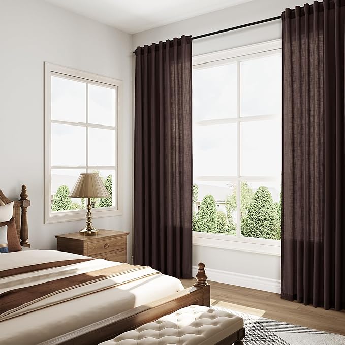 Coffee Brown Curtains 108 Inches Long 2 Panels Set Back Tab Linen Drapes for Living Room Extra Long Modern Simplicity Farmhouse Light Filtering Semi Sheer Linen Curtain for Big Window 52x108