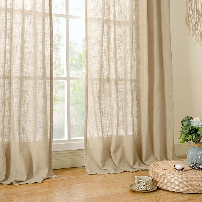 LAMIT Brown Linen Boho Curtains 68 inch Length 2 Panels, Light Filtering Semi Sheer Panels Back Tab and Rod Pocket Neutral Drapes for Bedroom/Living Room, 52 x 68 Inch