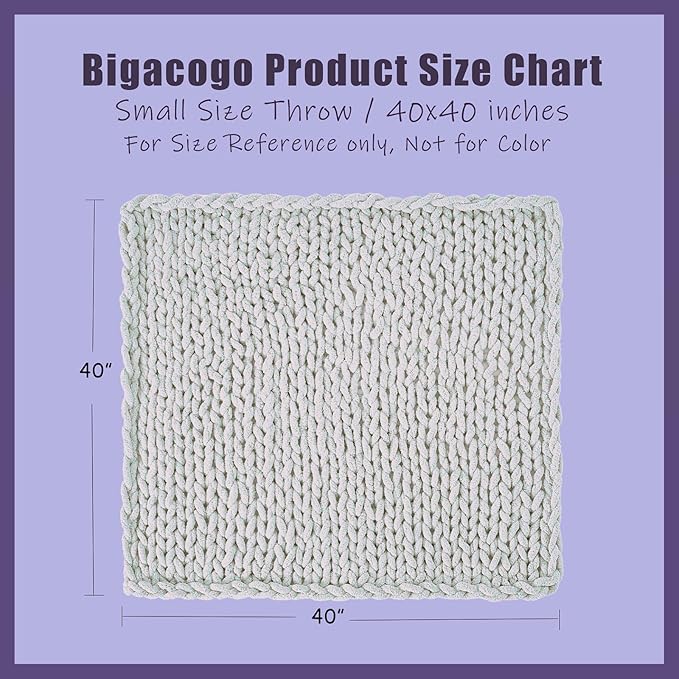 Bigacogo Chunky Knit Throw Blanket for Couch, 40x40 inches, 100% Hand Knitted with Thick Jumbo Chenille Yarn, Cozy Soft Large Rope Knot Cable Crochet Blankets for Sofa Bed Living Room, Cold Sea Blue