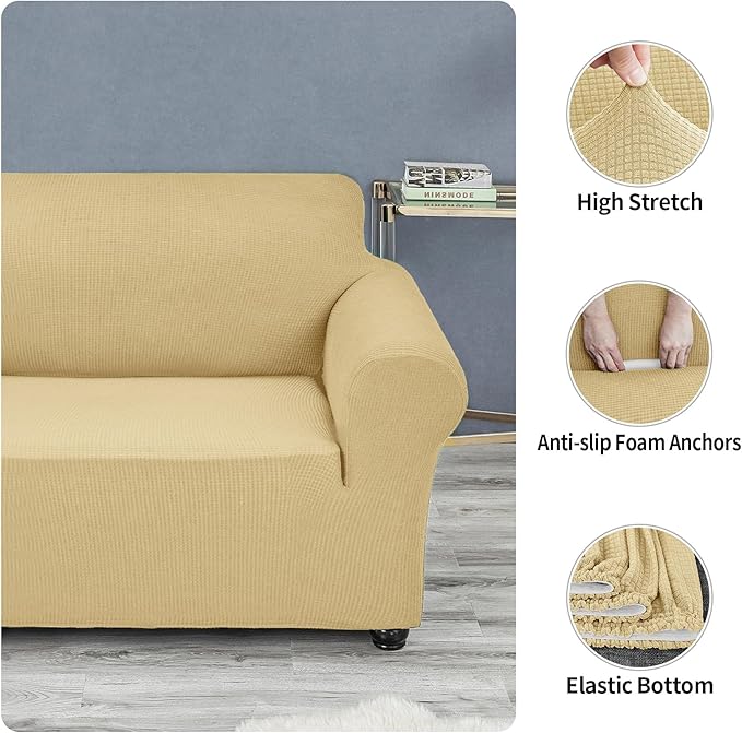 Joccun Stretch Couch Cover Slipcovers, 1-Piece Sofa Covers for 3 Cushion Couch Spandex Jacquard Washable Furniture Protector Cover for Living Room,Kids,Pets(Sofa,Champagne)