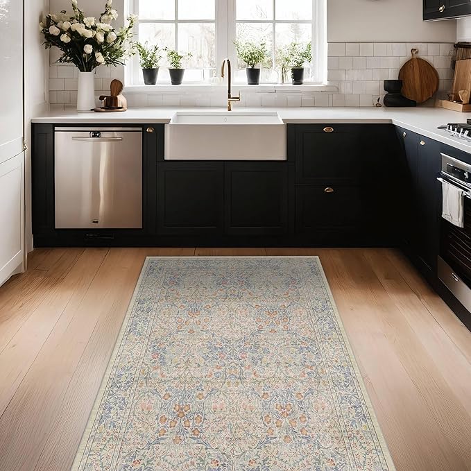 Large 3x6 Entryway Rug Indoor - Washable Non-Slip Low Pile Stain Resistance Ultra Soft Area Rug for Large Kitchen, Bedroom Beside Bed - Vintage Floral Beige Blue Home Decor