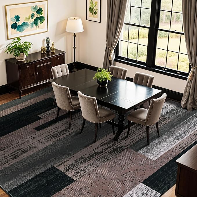 LIANLAM 8x10 Washable Area Rugs for Living Room and Bedroom, Vintage Checkered Pattern Non-Slip Carpet, Stain Resistant Low Pile Soft Rug for Dining Room,Office,Nursery,Kids Room(8x10,Chocolate)