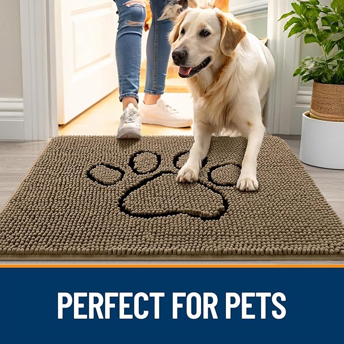 OLANLY Dog Door Mat for Muddy Paws 36x24, Paw Print Design, Absorbs Moisture and Dirt, Absorbent Non-Slip Washable Doormat, Quick Dry Chenille Mud Mat for Dogs, Entry Indoor Entryway Carpet, Tan