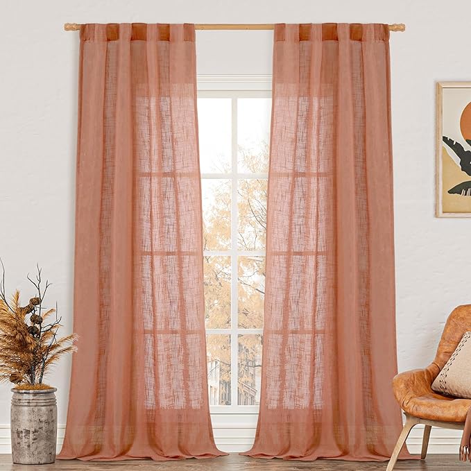 LAMIT Terracotta Linen Curtains for Living Room 84 inch Length 2 Panels, Light Filtering Semi Sheer Panels Back Tab and Rod Pocket Boho Drapes for Bedroom/Farmhouse, 38 x 84 Inch