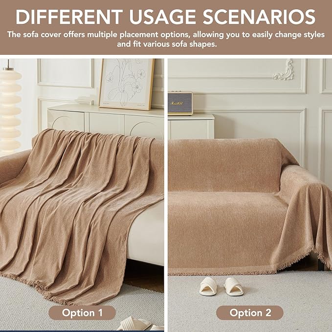 Couch Cover for Dogs, Boho Sofa Covers for 3 Cushion Couch, Chenille Sofa Slipcover for Pets Washable, L-Shape Sectional Couch Loveseat Cover Soft Throw Blankets with Tassels(91x134,Khaki)
