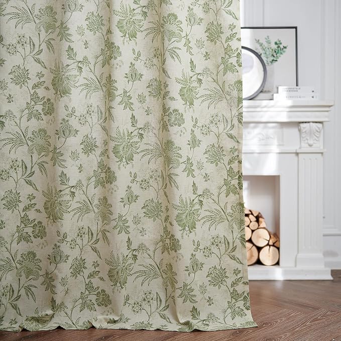 jinchan Linen Floral Curtains for Living Room with Printed Flower 96 Inches Long Light Filtering French Country Back Tab Rod Pocket Sage Green Window Curtain Set Farmhouse Drapes 2 Panels
