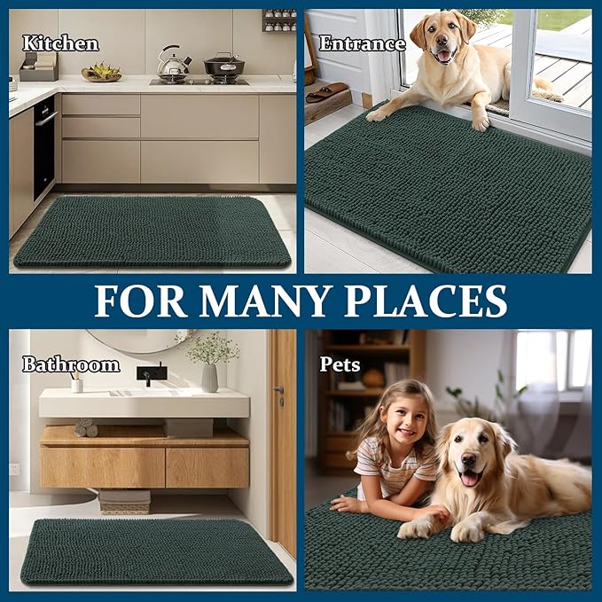 OLANLY Dog Door Mat for Muddy Paws 32x20, Absorbs Moisture and Dirt, Absorbent Non-Slip Washable Doormat, Quick Dry Chenille Mud Mat, Entry Indoor Entryway Carpet for Inside Floor, Blackish Green