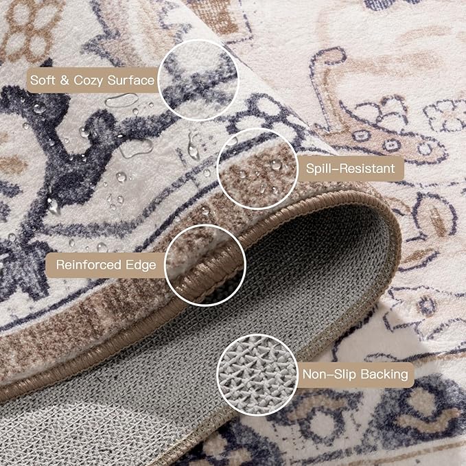 Lofus 4x6 Area Rugs for Living Room, Washable Area Rug, Rugs for Bedroom, Kitchen, Vintage Boho Carpet, Soft Non-Slip, Low Pile Large Area Rug for Office Dining Room, Floral Brown