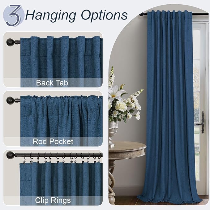 Navy Blue Curtains 108 Inches Long 2 Panel Faux Linen Nautical Modern Farmhouse Blackout Curtain for Bedroom Dining Living Room Divider Drapes Sun Heat Light Blocking Ceiling to Floor Length Dark Blue