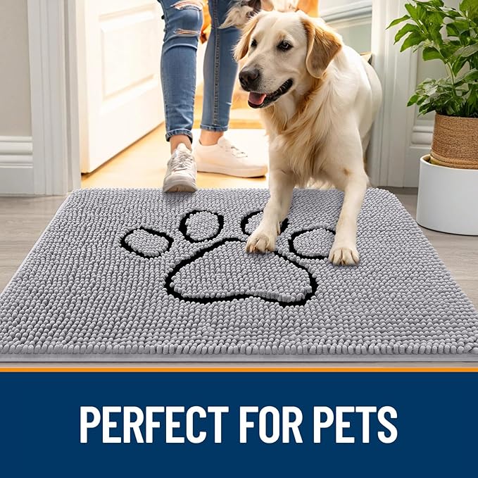 OLANLY Dog Door Mat for Muddy Paws 36x24, Paw Print Design, Absorbs Moisture and Dirt, Non-Slip Washable Doormat, Quick Dry Chenille Mud Mat for Dogs, Entry Indoor Entryway Carpet, Light Grey