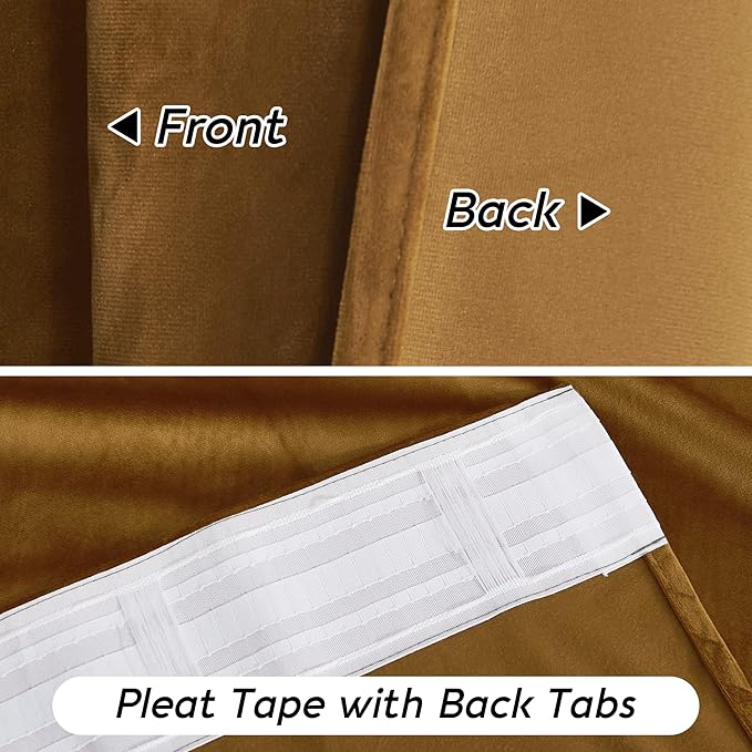 RYB HOME Gold Brown Velvet Curtains 63 inches with Hook Belt, Soft Fabric Room Darkening Thermal Insulated Luxurious Home Decor Curtains for Living Room Bedroom, W 42" x L 63", 2 Panels Set