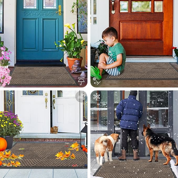 Smiry Front Door Mat Outside Entrance, Heavy Duty Sturdy Natural Rubber Doormat, Trap Dirt and Moisture, Easy Clean Low Profile Mats for Indoor Outdoor Entry, Irregular Triangle (29.5x17, Mixed Khaki)
