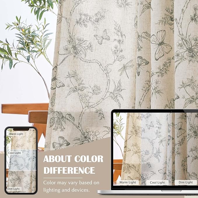 jinchan Floral Curtains Lined Linen Blend Curtain for Living Room 84 Inch Length Grey Flower Farmhouse Curtains French Country Gray Patterned Curtain Drapes Back Tab Rod Pocket 2 Panels