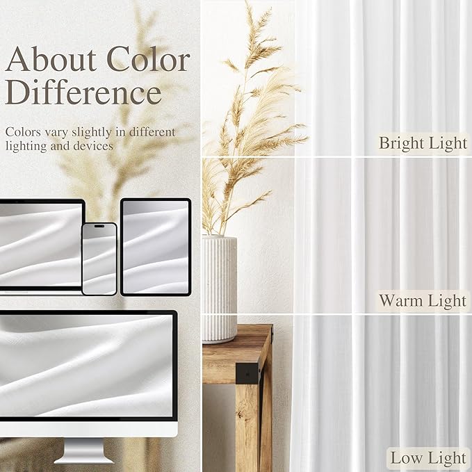 Nanspring Extra Long White Curtain 105 inches Long 2 Panels Set for Living Room Back Tab Modern Farmhouse Decor Cotton Textured Off White Sheer Linen Curtains 105 inch Length for Large Window