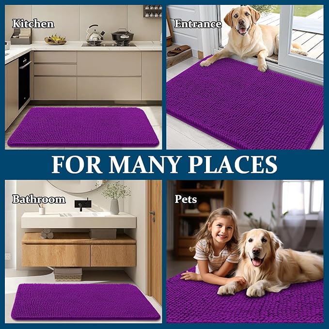 OLANLY Dog Door Mat for Muddy Paws 44x24, Absorbs Moisture and Dirt, Absorbent Non-Slip Washable Doormat, Quick Dry Chenille Mud Mat for Dogs, Entry Indoor Entryway Carpet for Inside Floor, Purple