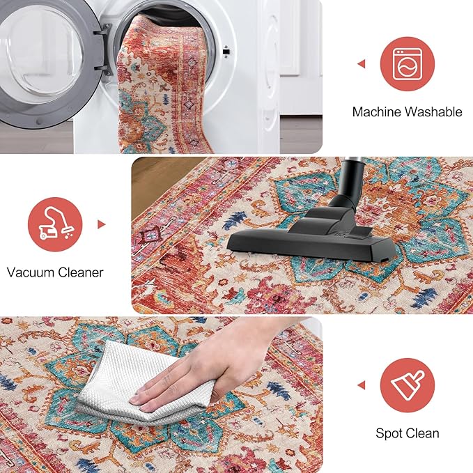 Yamaziot Washable Area Rug for Bedroom, 3x5 Non-Slip Boho Vintage Living Room Rug with Rubber Backing, Low Pile Faux Wool Soft Distressed Rug Floor Carpet for Living Room, Laundry, Kid Playroom