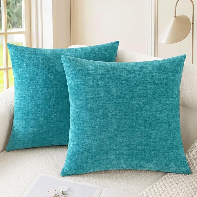 CaliTime Throw Pillow Covers Decorative 24 X 24 Inches Pack of 2 Cozy Chenille Cushion Cases for Couch Sofa Bed Living Room Home Lake Blue