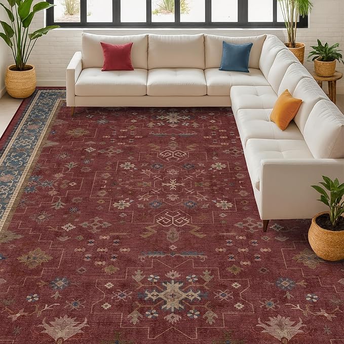 Hazo Haus Oriental 7x10 Large Area Rugs for Bedroom Under Bed - Burgundy Rug for Living Room, Dining Room Under Kitchen Table, Washable Soft Non Slip Boho Indoor Décor