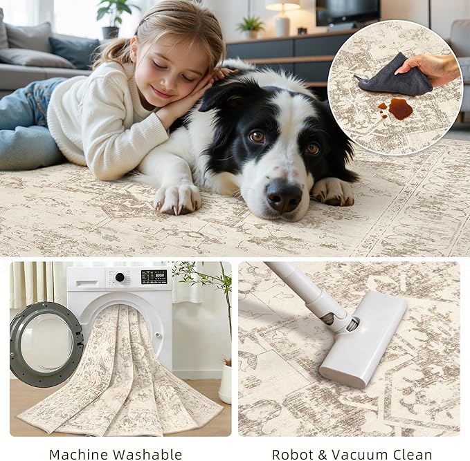 Area Rugs 9x12 Living Room: Vintage Boho Neutral Washable Rug Indoor Soft Large Area Rug Carpet for Bedroom Nursery Farmhouse Dining Room Office Floor Non-Slip Low Pile Under Table Rug Beige/Ivory