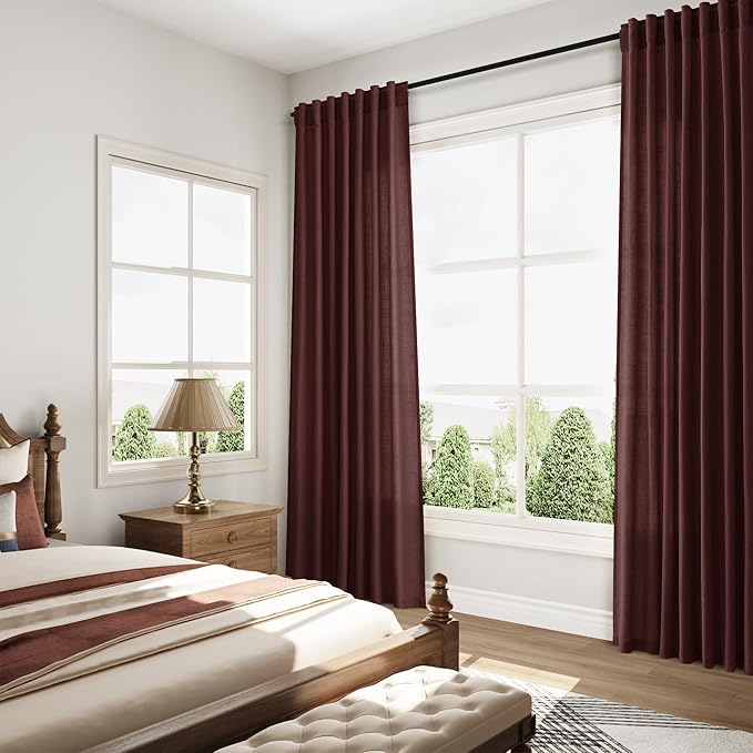Reddish Brown Linen Curtains 72 Inch Long for Living Room Bedroom Lightweight Door Drapes 2 Panels Set, Semi Sheer Light Filtering Back Tab or Rod Pocket Curtain,52x72