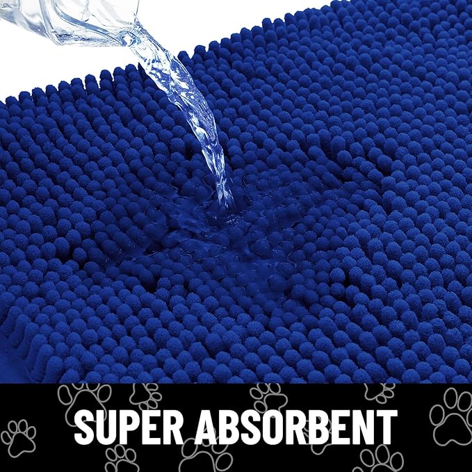 Smiry Dog Door Mat for Muddy Paws, Absorbent Dirt Trapper Non Slip Quick Dry Washable Chenille Mat for Mud Dogs, Entry Rug for Indoor and Outdoor (36x24 Inches, Royal Blue and White)