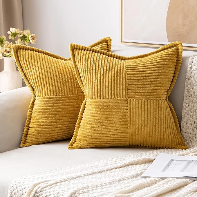 MIULEE Decorative Throw Pillow Covers for Couch Bed Livingroom 16x16 Inch Set of 2 Fall Mustard Yellow Boho Accent Throw Pllows Broadside Striped Patchwork Soft Corduroy Pillowcases