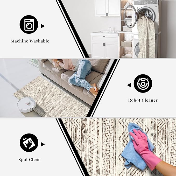3x10 Washable Hallway Runner Rug - Moroccan Non-Slip Long Runners for Entryway Soft Modern Geometric Low-Pile Rugs for Kitchen Waterproof Neutral Carpet for Bedrooom Bathroom Laundry 3x10 Beige