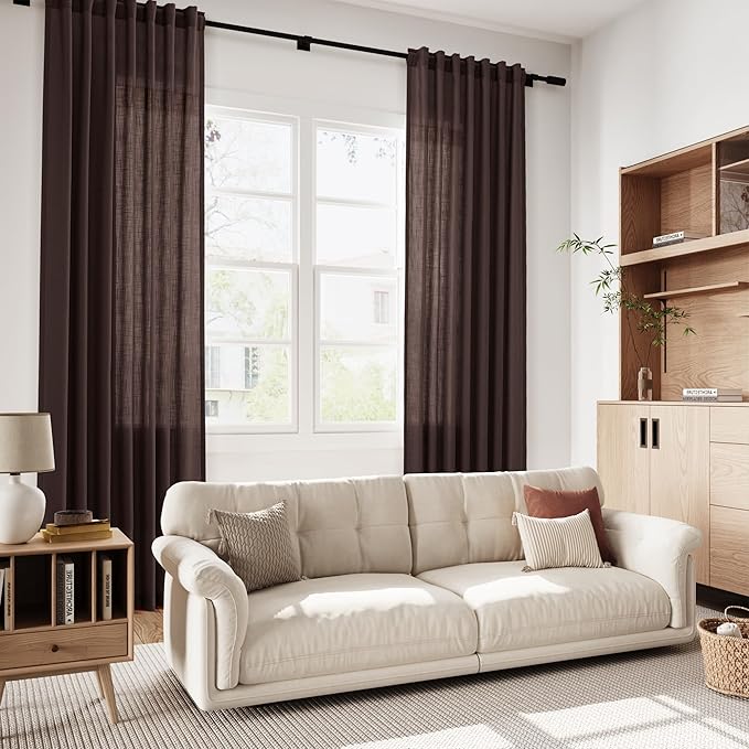 Coffee Brown Curtains 108 Inches Long 2 Panels Set Back Tab Linen Drapes for Living Room Extra Long Modern Simplicity Farmhouse Light Filtering Semi Sheer Linen Curtain for Big Window 52x108