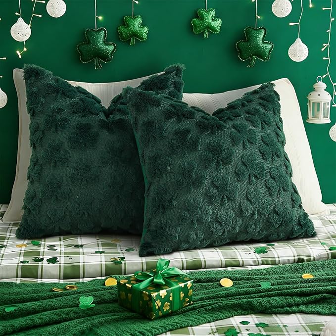 decorUhome St. Patrick’s Day Shamrock Green Pillow Covers 16x16 Inch Set of 2, Soft Plush Faux Wool Throw Pillow Covers, Farmhouse Spring Holiday Decor for Sofa Living Room