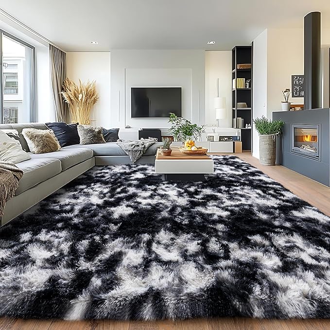 Pionblank Large Area Rug for Living Room 10x14, Fuzzy Modern Shag Rug, Fluffy Plush Non Slip Soft Furry Carpet for Bedroom Kids Room Nursery Teens Dorm Home Decor, Black White