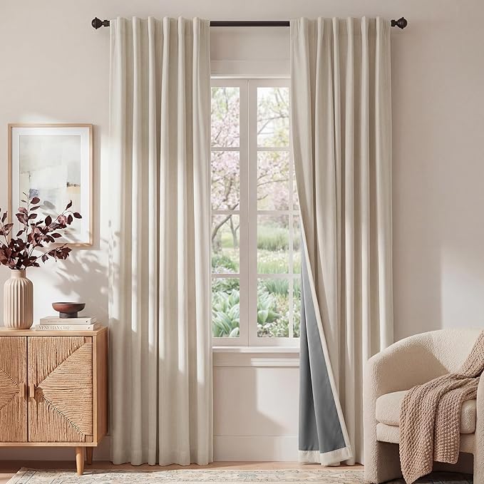 RYB HOME Warm Sand 100% Blackout Curtains for Bedroom, Linen Drapes Back Tab&Rod Pocket, Thermal Insulated Privacy Assurd Curtains for Sliding Glass Doors/Dining/Living Room, W52 x L102, 2 Panels