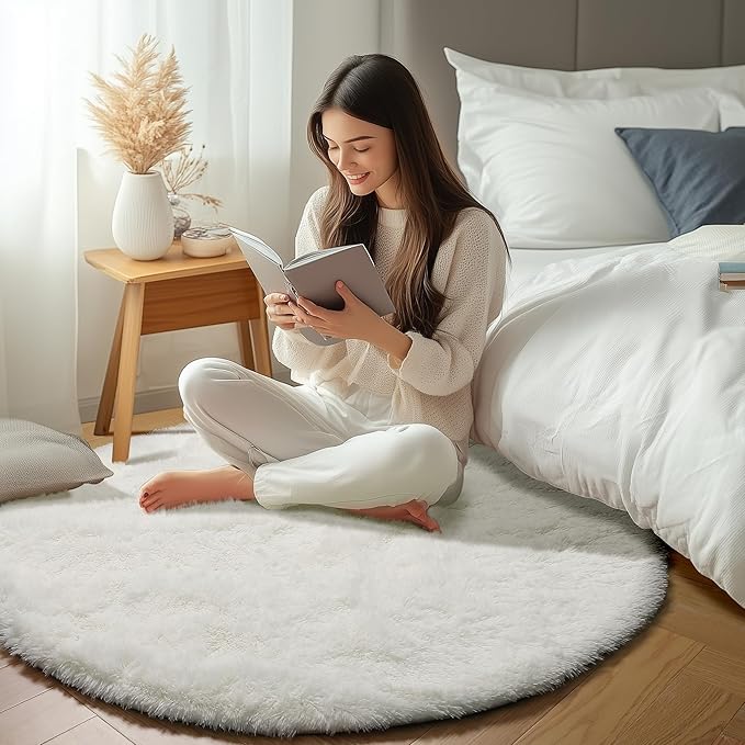 ONASAR Cream White Round Rugs 7ft for Living Room, Ivory Fluffy Bedroom Circle Area Rug, Soft Plush Shaggy Carpet for Kids Girls Boys Teen Nursery Dorm Classroom Playroom Home Decor Aesthetic