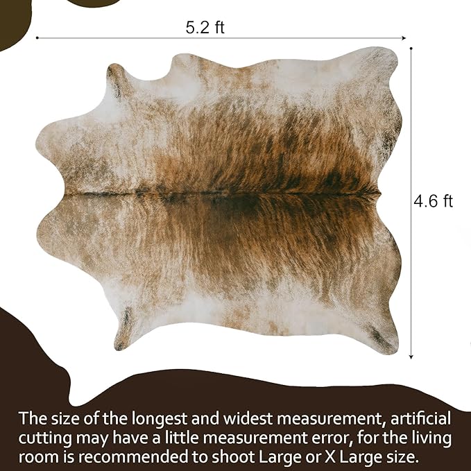 AROGAN Western Decor Faux Fur Cowhide Rug, 4.6 x 5.2 Feet Premium Animal Skin Cow Hide Rug, Sturdy Cow Print Rugs for Wall Decor, Western Floor Carpet for Bedroom Living Room, Brownish