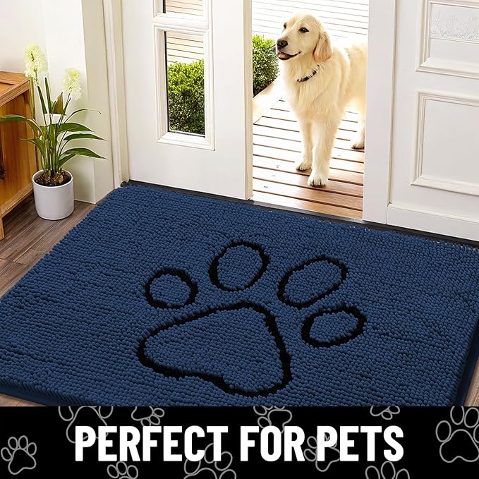 Smiry Dog Door Mat for Muddy Paws, Absorbent Dirt Trapper Non Slip Quick Dry Washable Chenille Mat for Mud Dogs, Entry Rug for Indoor and Outdoor (36x24 Inches, Dark Blue and Black)