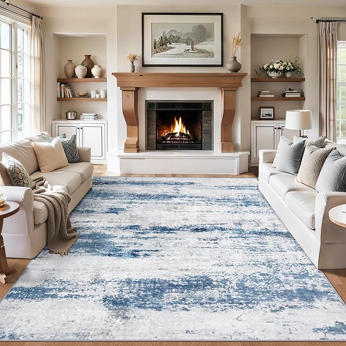 Area Rugs 10x14 Living Room - Washable Rug Modern Abstract Soft Large Neutral Non-Slip Carpet Indoor Floor Thin Carpets for Bedroom Dining Room Farmhouse Nursery Home Office White Blue Grey
