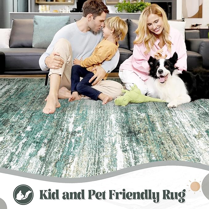 9x12 Area Rug for Living Room, Washable Modern Abstract Large Area Rug Neutral Soft Non Slip Kids Rug Stain Resistant Indoor Carpet for Bedroom Dining Room Playroom Office(Green, 9'x12')
