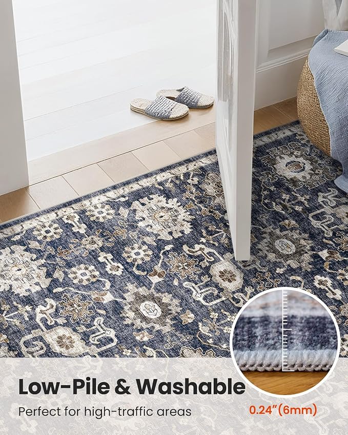 AMADA HOMEFURNISHING 6x9 Area Rugs, Blue Low-Profile Washable Rug with Non-Slip Backing & Durable Edge Binding, Vintage Rugs for Living Room, Bedroom, Dining Room