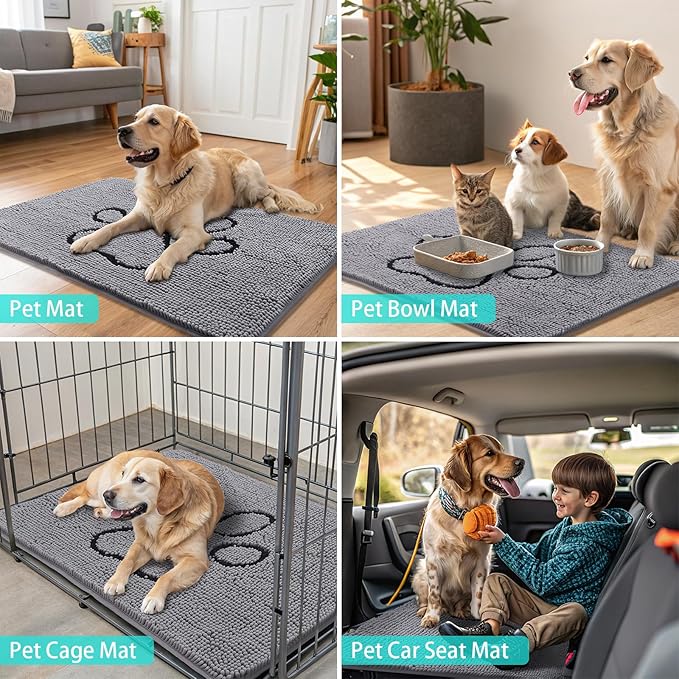 Smiry Dog Door Mat for Muddy Paws, Absorbent Dirt Trapper Non Slip Quick Dry Washable Chenille Mat for Mud Dogs, Entry Rug for Indoor and Outdoor (59x24 Inches, Grey and Black)