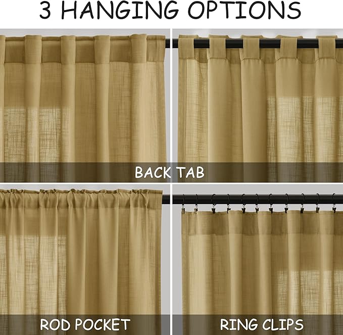 Nanspring Gold Linen Curtains 72 Inch Length for Living Room Semi Sheer Light Filtering Door Drapes 2 Panels Set for Kids Bedroom Light Filtering Back Tab Rod Pocket Modern Farmhouse Decor 52x72