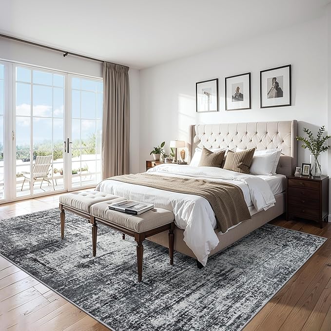 Area Rugs Living Room Rug - 5x7 Washable Modern Abstract Soft Neutral Non-Slip Carpet Large Indoor Floor Thin Carpets for Bedroom Dining Room Farmhouse Nursery Home Office Dark Black