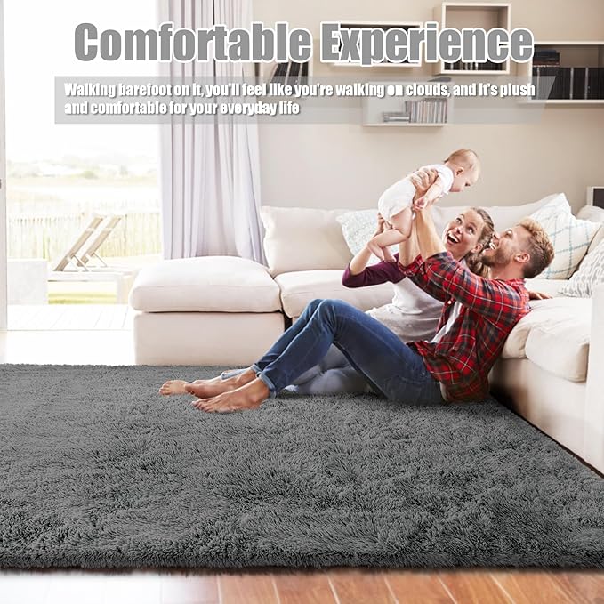 Ultra Soft Fluffy Area Rugs for Bedroom Living Room 10x14, Nursery Rug, Non-Slip Carpet for Kids Dorms Decor, Shaggy Bedside Rug, Deep Grey