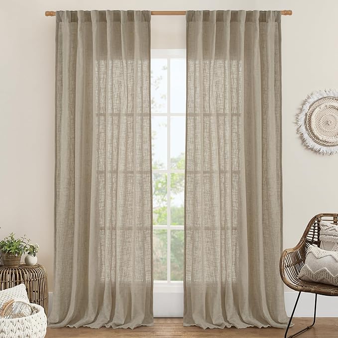LAMIT Taupe Sheer Linen Curtains, 108 inch Light Filtering Semi Sheer Panels Back Tab and Rod Pocket Farmhouse Rust Drapes for Bedroom/Living Room, 2 Panels, 52 x 108 Inch