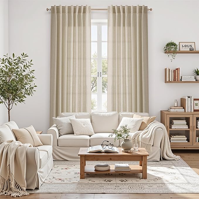 Eggshell Beige Linen Curtains for Living Room 100 Inches Long Light Filtering Semi Sheer Curtain Back Tab Rustic Farmhouse Decor Burlap Luxury Boho Drapes for Bedroom Dinner Room 52x100, 2 Panels